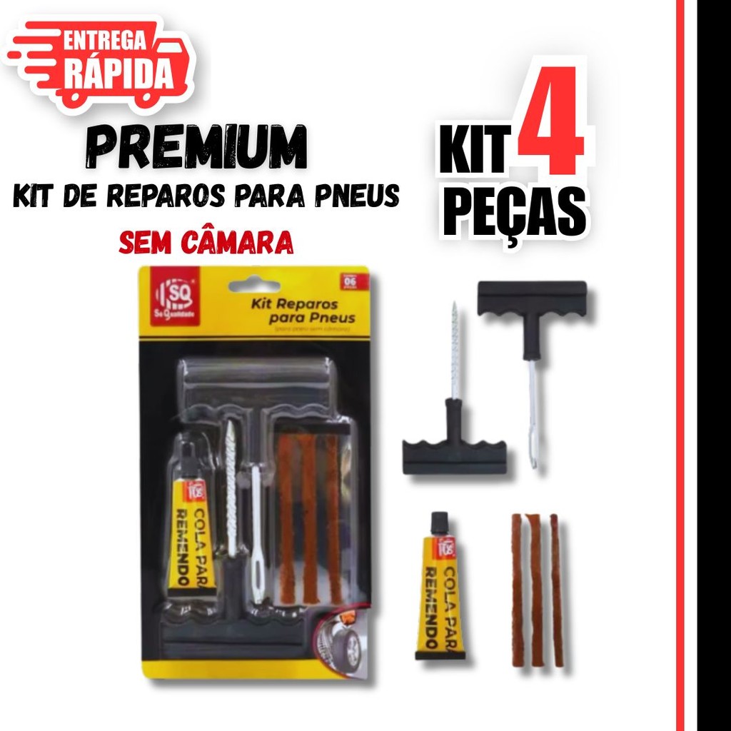 Kit 4 Peças de kit Reparo Pneu sem CÂmara para Carro e Moto e Refil Selante Macarrão Remendo Premium