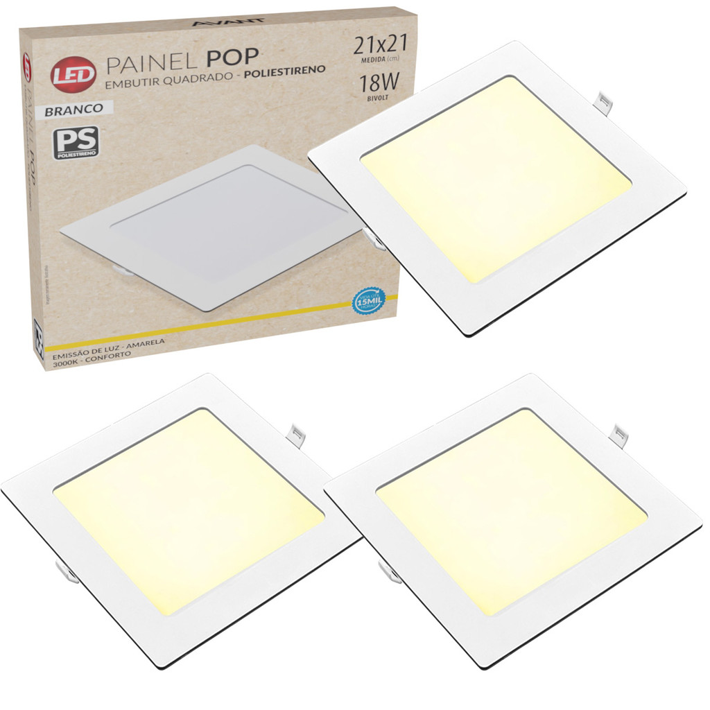 Kit 3 Painel Plafon Quadrado Embutir 18W Luz Branco Quente 3000K Luminária de Gesso Forro