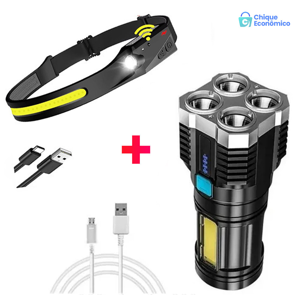 KIT de Lanterna Tatica Recarregavel + Lanterna de Cabeça Led Corpo Motion Camping Torch Light Lamp Com Usb em Oferta na Shopee