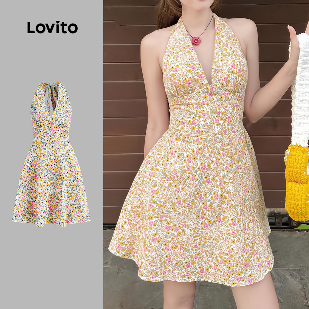 Lovito Vestido Fofo com Gravata Nas Costas  de Primavera/verão  Vestido Amarelo para mulheres L144AD320 em Oferta na Shopee