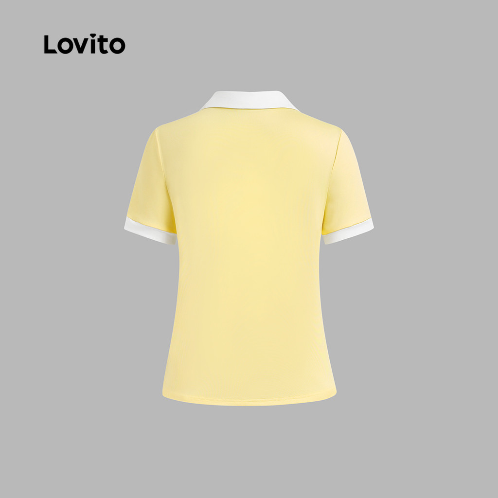 Detalhes do Lovito Camisa Casual de Manga Curta com Blocos de Cor Primavera/verão Camiseta Amarela para mulheres L142ED139