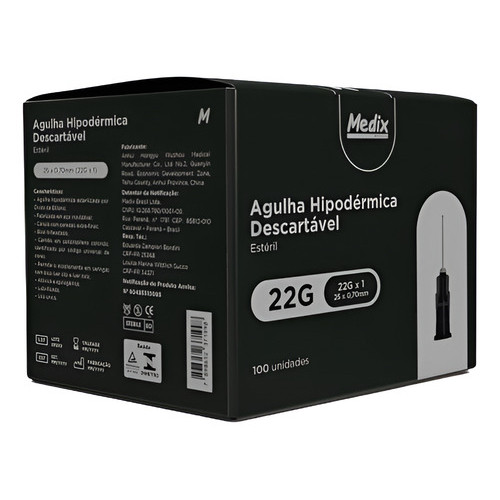 Agulha Cinza 25x7 Hipodermica 22g Descartavel Medix 100 Uni