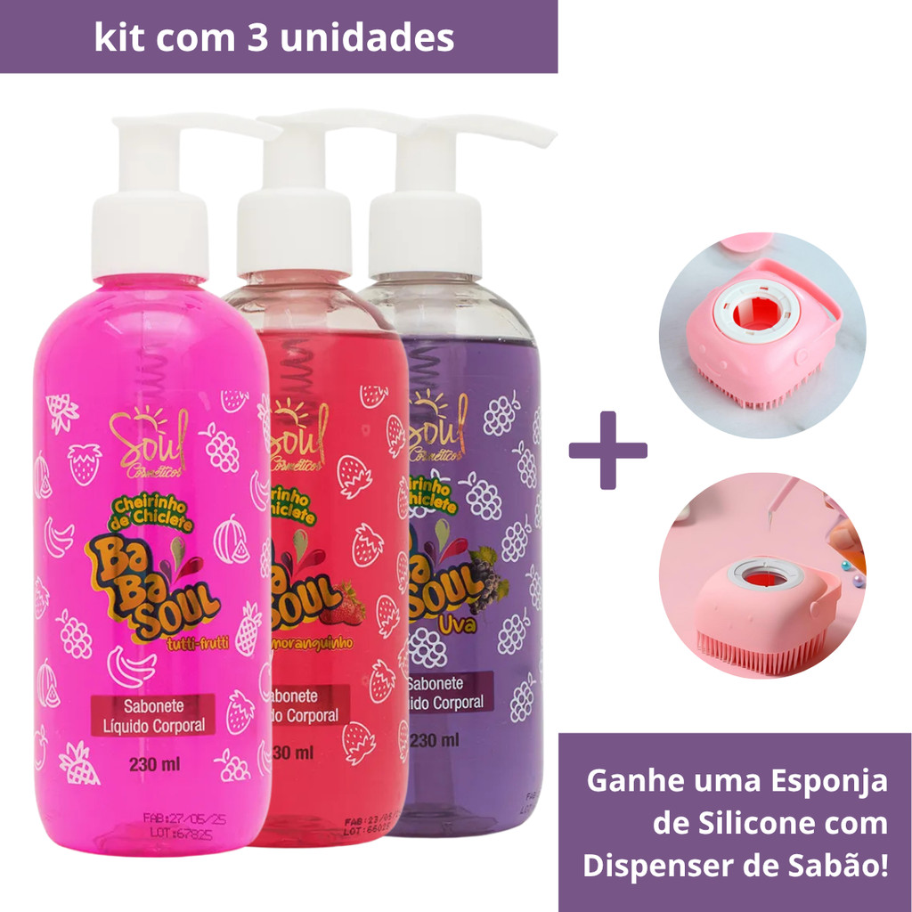 Kit 3 Sabonetes Líquidos Babasoul + Esponja Silicone – Soul Cosméticos