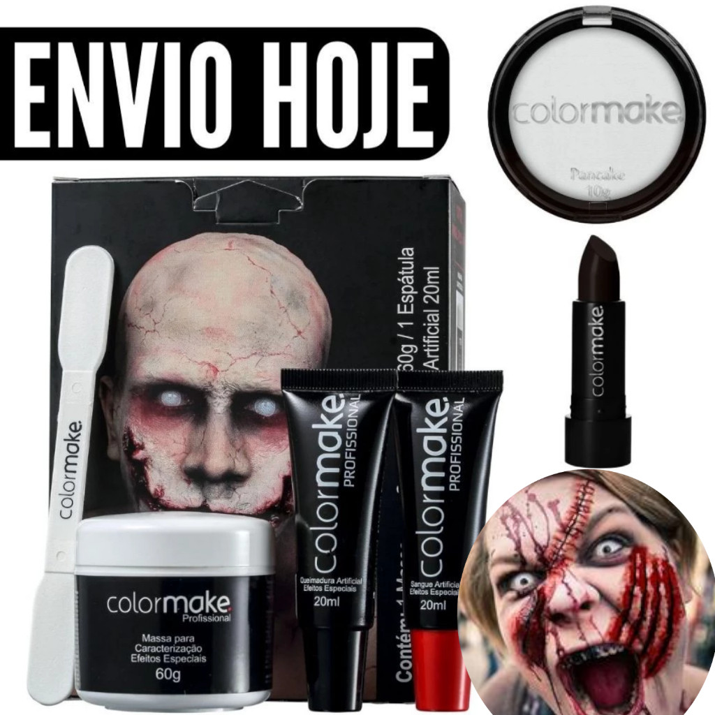 KIT MAQUIAGEM SANGUE FALSO LAVÁVEL HALLOWEEN EFEITOS REALISTAS COLORMAKE CICATRIZES BATON PANCAKE