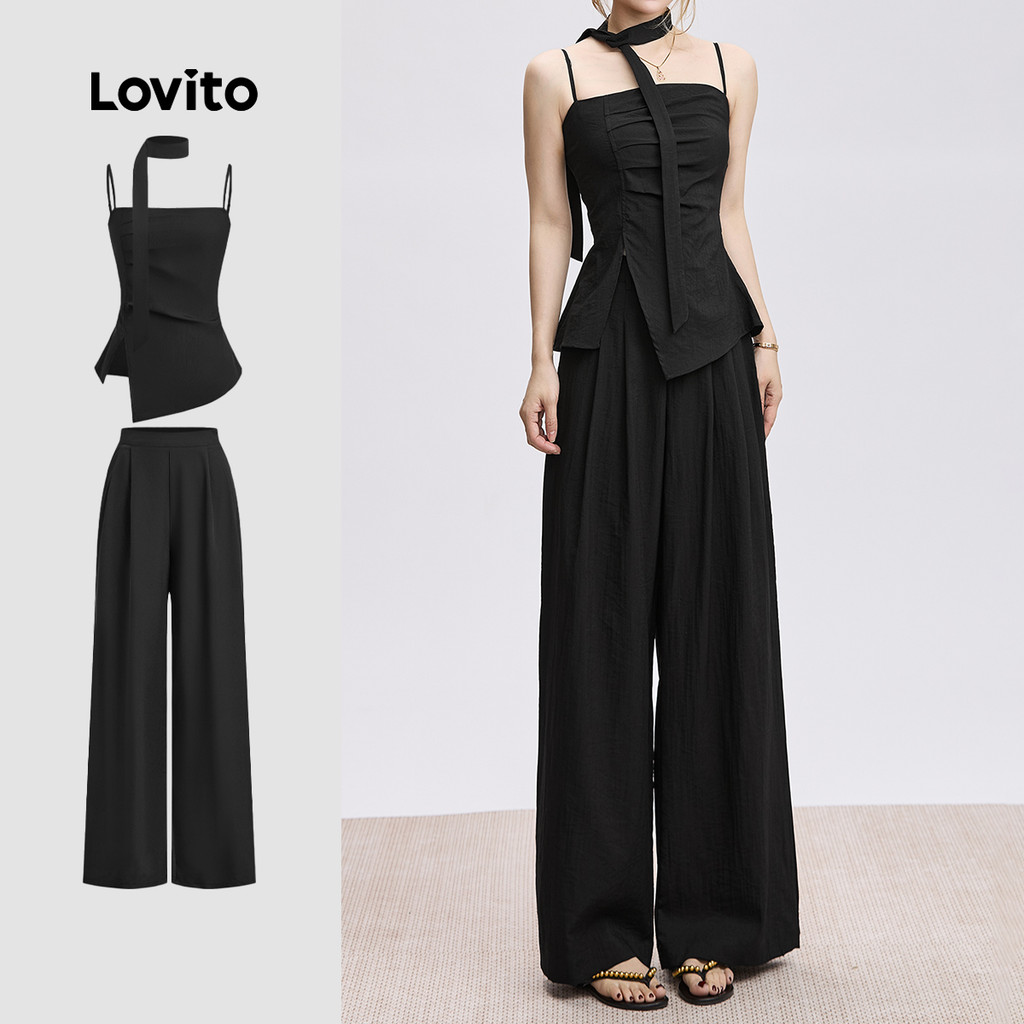 (Casual) Lovito Conjuntos de Calças com Fita Primavera/verão Calças Pretas para mulheres L142LD229