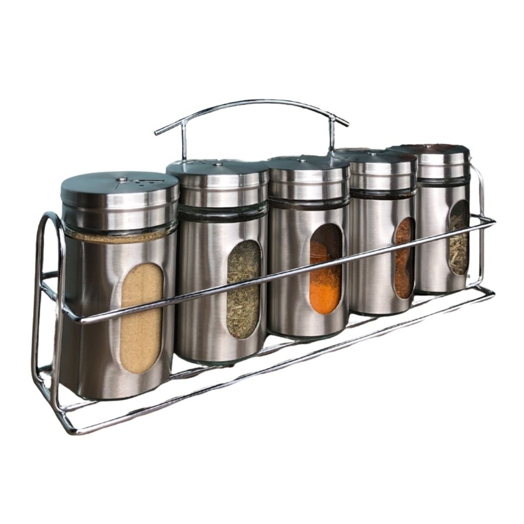 Kit Porta Condimentos Tempero Com Suporte Horizontal Inox 6 Peças Organizador De Condimento Top Chef