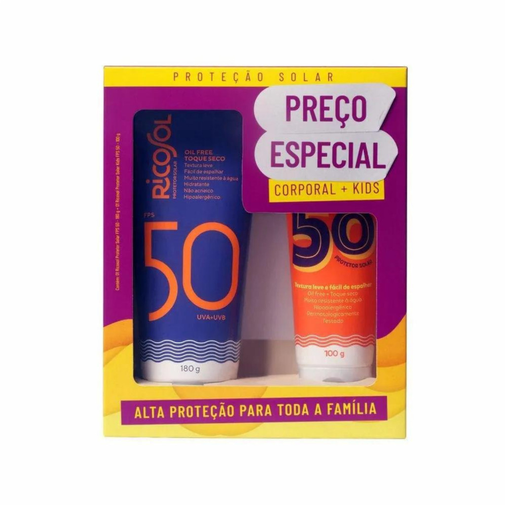 Kit Protetor Solar Ricosol FPS50 Corporal 180g + Kids 100g Proteção Familiar