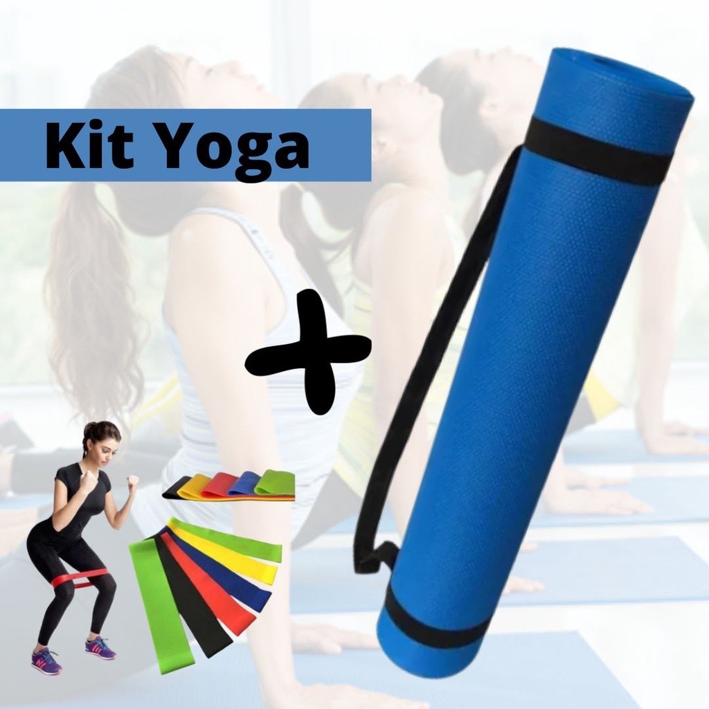 Kit Yoga Pilates Fitness Tapete EVA Ginástica 1,00x0,50 + Kit com 5 Faixas Elásticas Treino em Casa