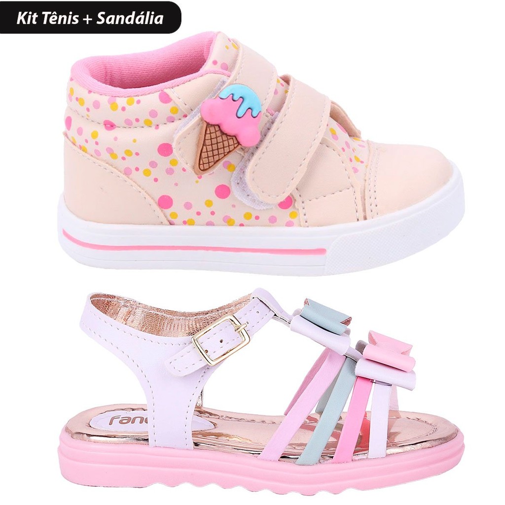 Kit 2 Pares Tênis e Sandália Infantil Feminina FanClub - Off White e Rosa Multicolorido em Oferta na Shopee