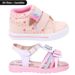 Kit 2 Pares Tênis e Sandália Infantil Feminina Bee Happy - Off White e Rosa Multicolorido