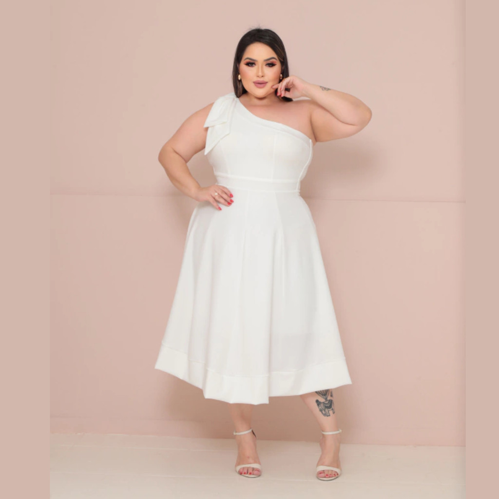 Vestido Plus Size Branco Noiva Civil Casamento Noivado Elegante Feminino Longuete Sofisticado Festa