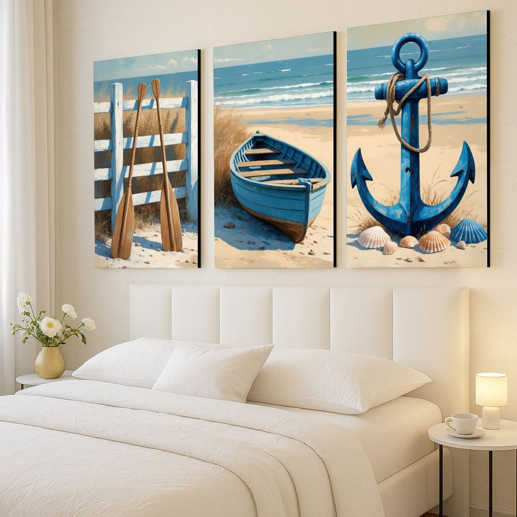 Quadros Decorativos Marítimo Trio Praia Barco Âncora Azul em Oferta na Shopee