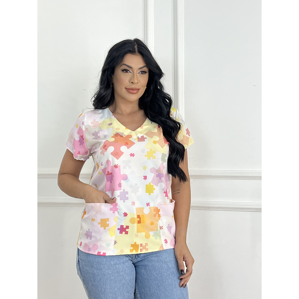 Blusa Bata Scrubs Feminina Estampada - Quebra - Cabeça