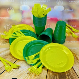 Kit Festa 50 PESSOAS DESCARTAVEIS GARFO + PRATO + COPO (BRASIL VERDE E AMARELO) em Oferta na Shopee
