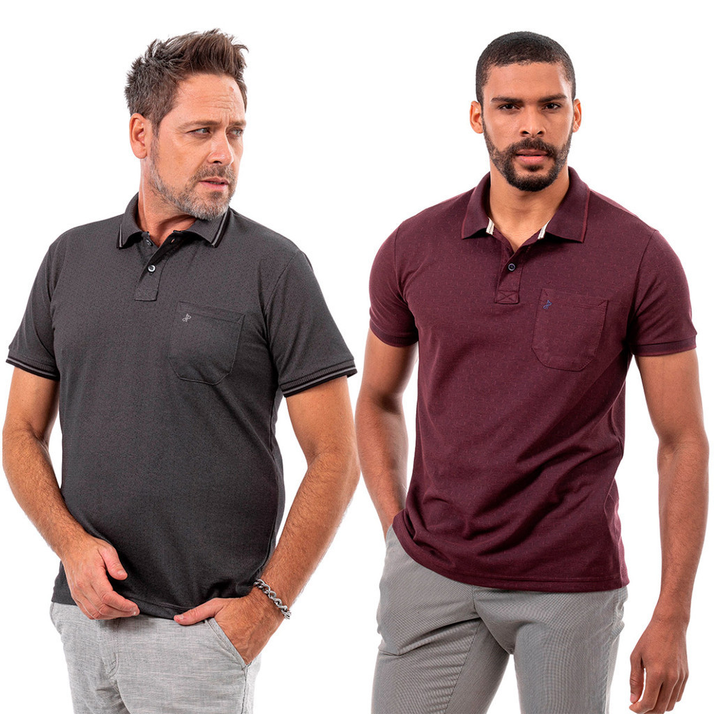 Kit 2 Camisas Masculinas Gola Polo Bolso Piquet Jacquard Com Algodão Casual Básica Premium