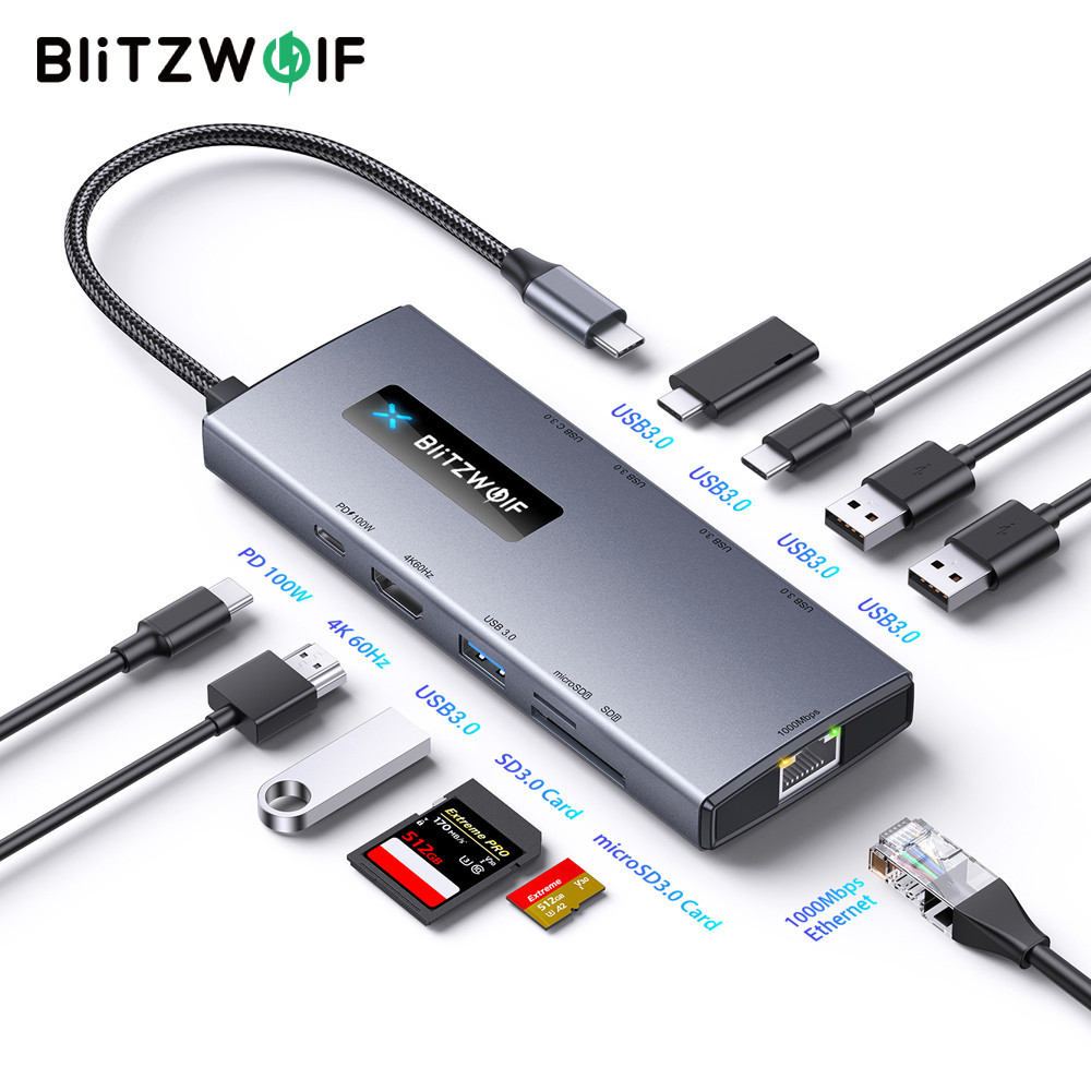 BlitzWolf® BW-NEW TH8 10-in-1 Type-C HUB with Type-C PD 100W Power Delivery USB3.0 Type-C 3.0 4K@60HZ SD & TF Card Slot em Oferta na Shopee