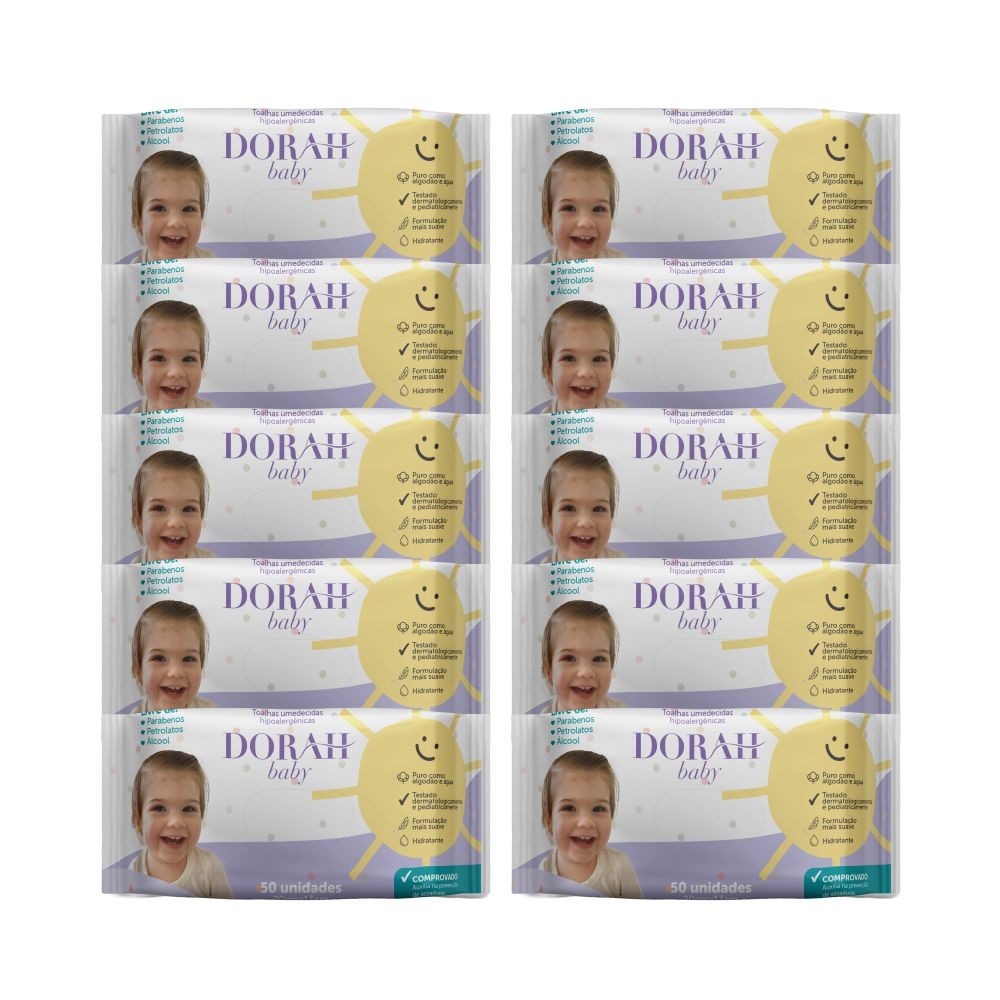 10 Pacotes - Toalhas/Lenços Umedecidos SEM ÁLCOOL - 50 Folhas - Dorah Baby (Total 500 Folhas)