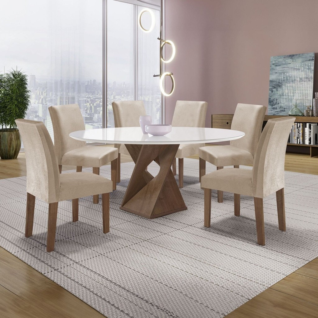 Conjunto Mesa Barcelona 120cmx120cm 6 Cadeiras Espanha Tampo Plus Redondo Vidro Yescasa Chocolate/Off White/Veludo Bege em Oferta na Shopee