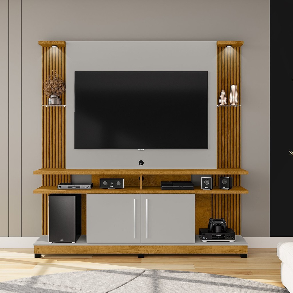 Estante Home para TV até 60 Polegadas  com Led e Prateleiras de Vidro York Naturalle/Off White - Home & Living