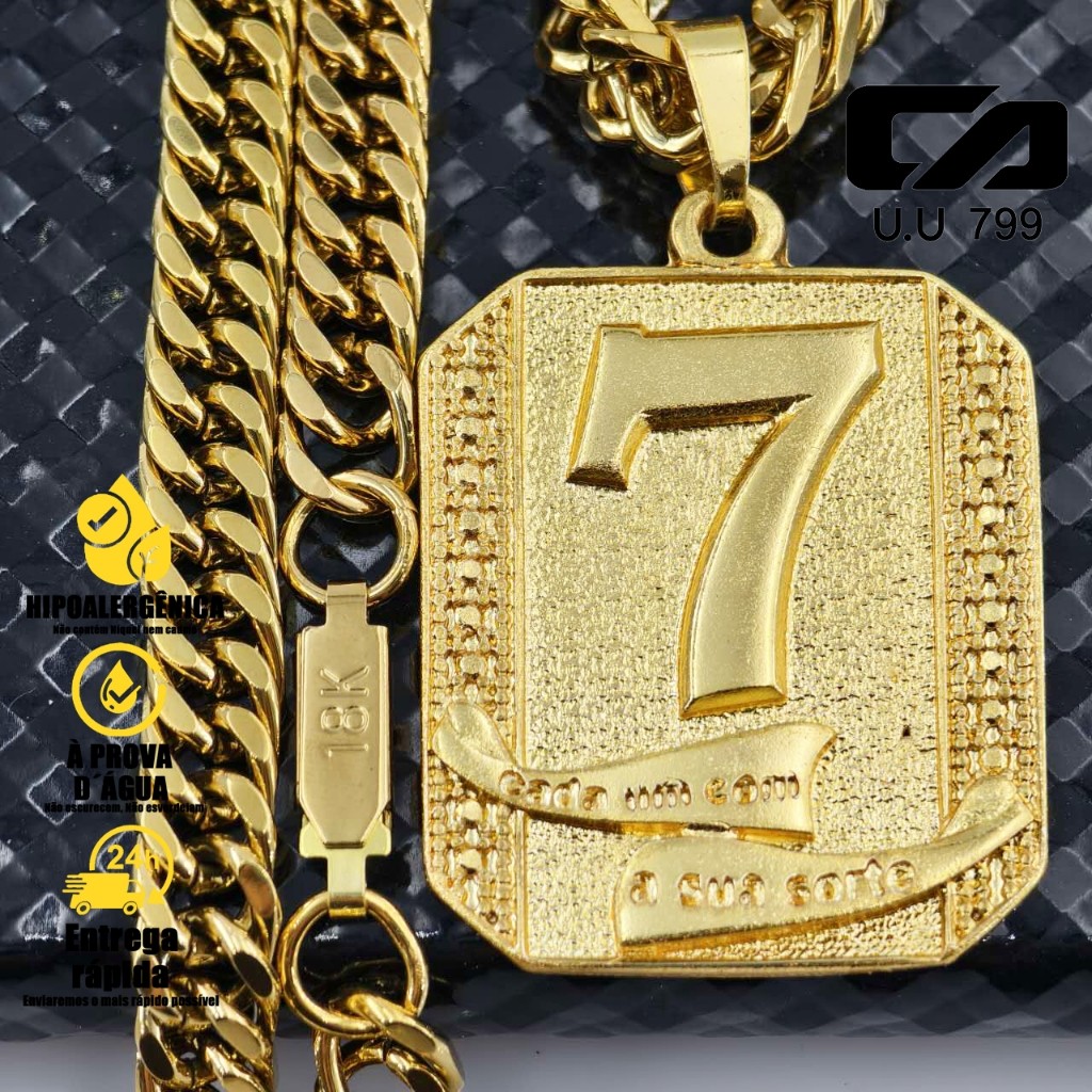 Corrente Masculina de Moeda Antiga com Pingente de Cadeado Cassino Número 7 - Colar Top Banhado Ouro em Oferta na Shopee