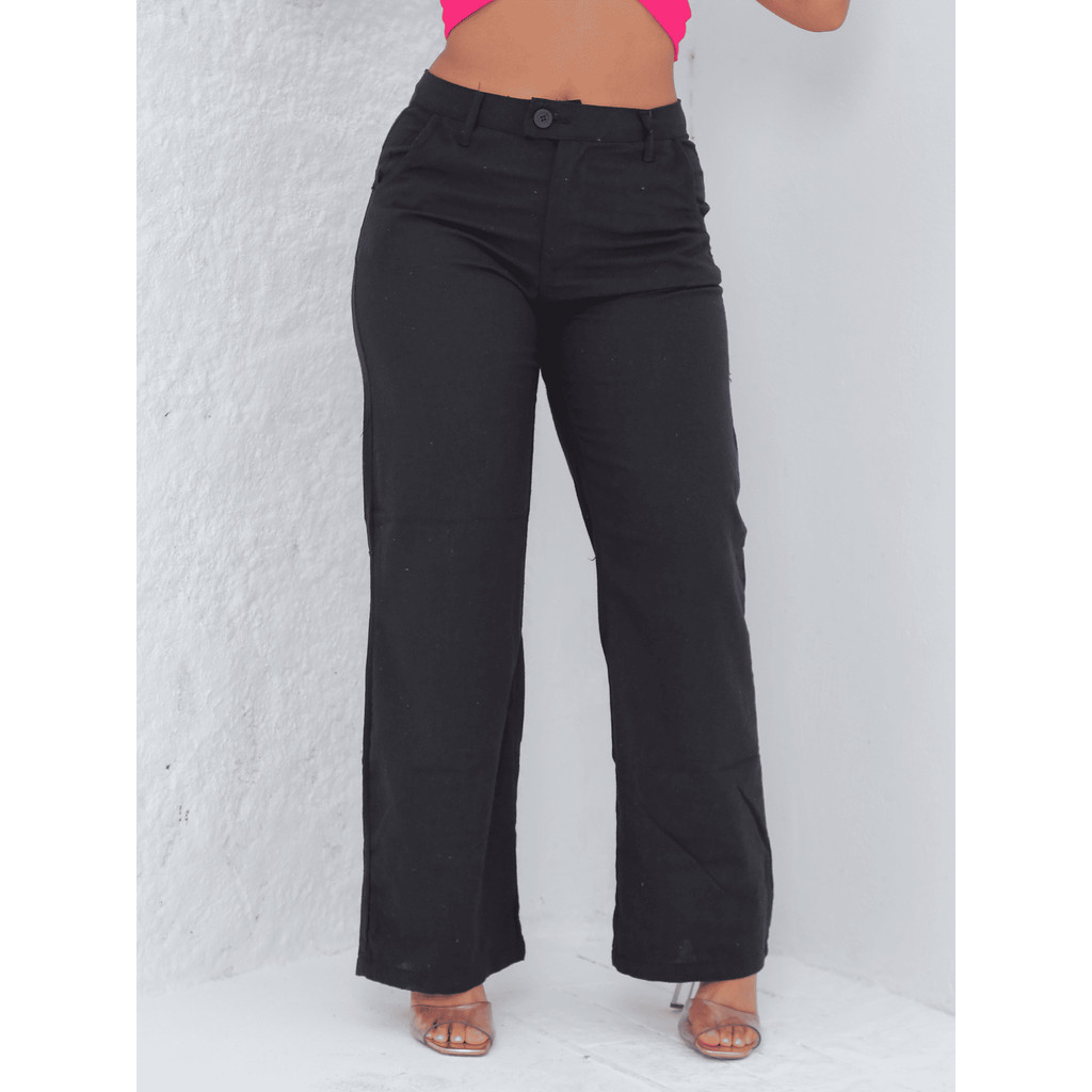 Calça Pantalona Feminina Preta em Linho Cintura Alta com Bolso Frontal e Zíper - Confortável