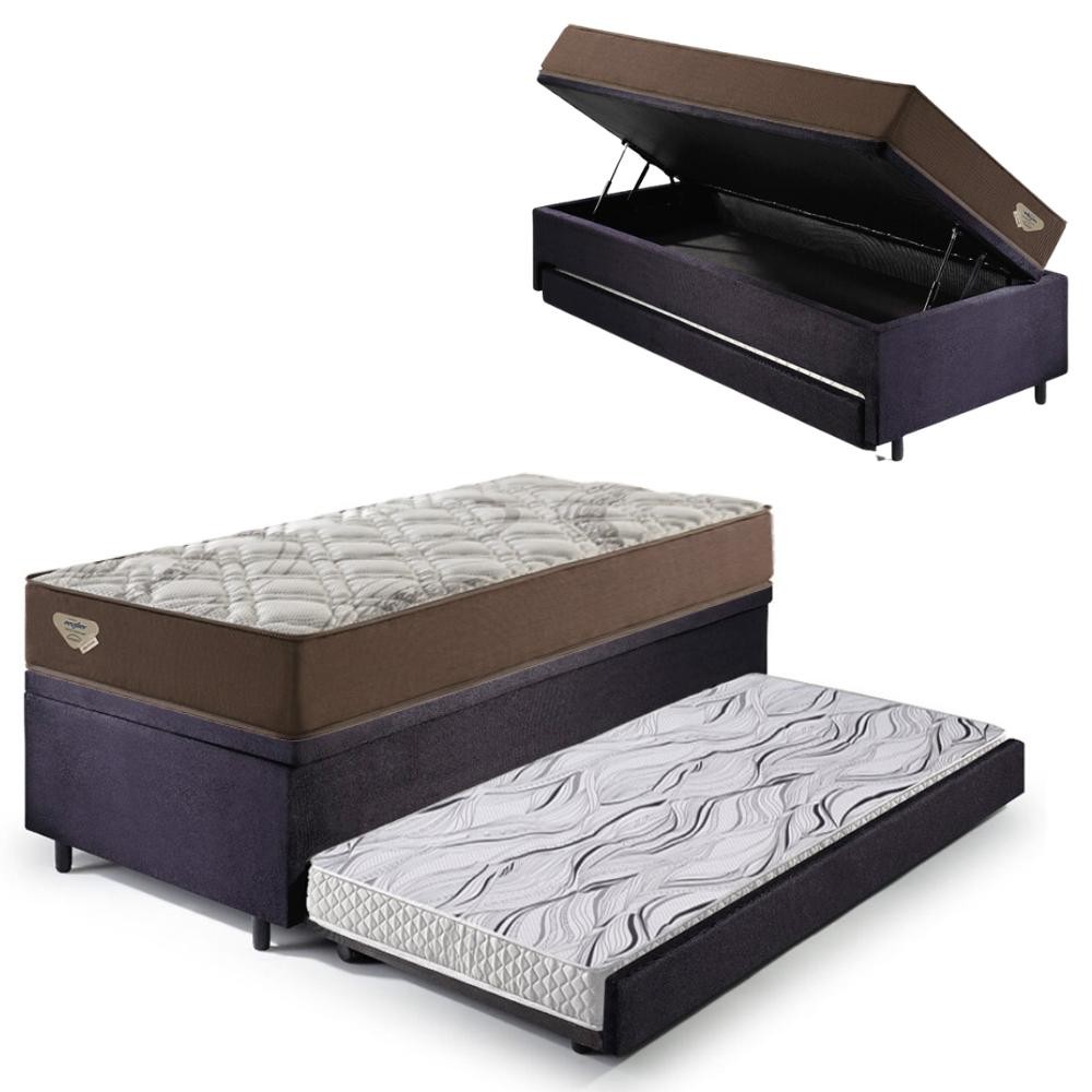 Bicama Box Baú com Suede Preto 88x188 com Colchão Relax Adorabile Molas Ensacadas Ecoflex