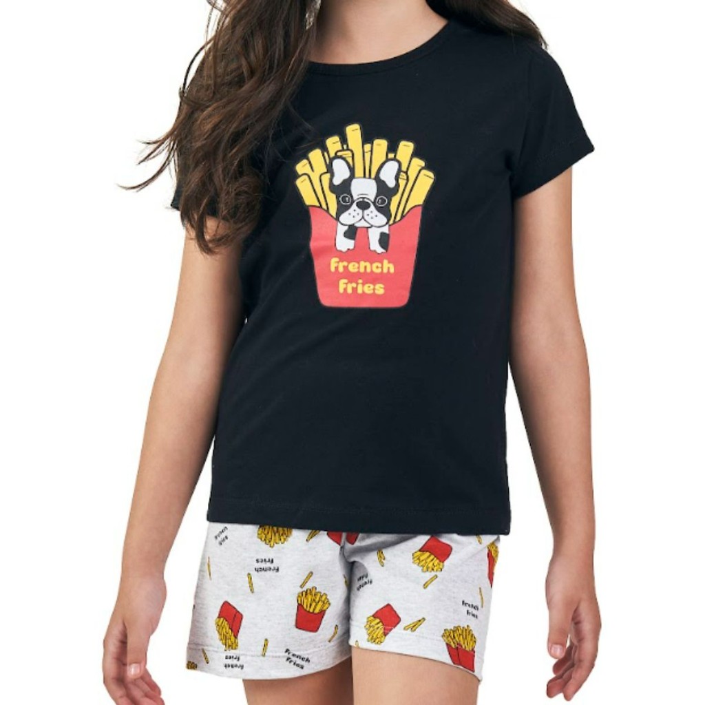 Pijama Infantil Feminino Manga Curta Bela Notte Verão Algodão Macio Batata Frita
