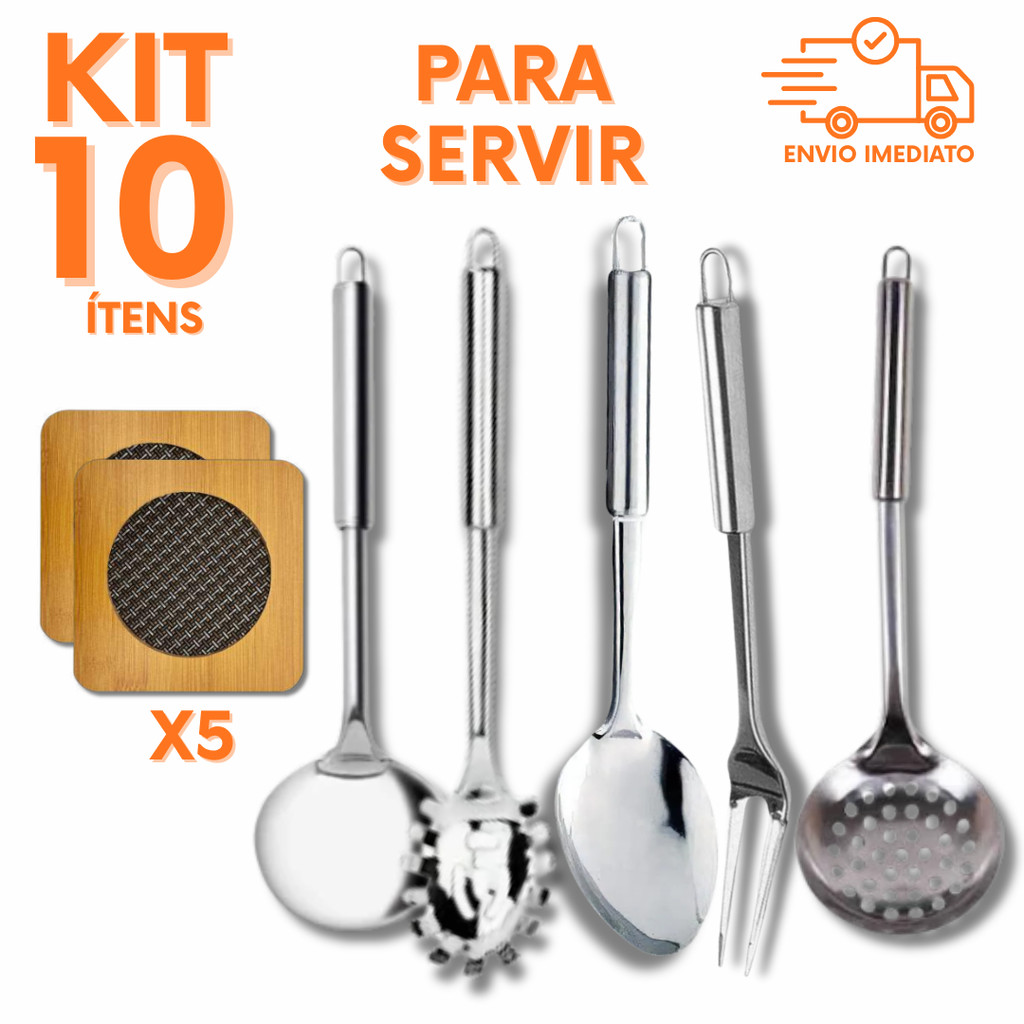 Kit 10 Utensilios Inox Servir Colher Concha Escumadeira Pegador Massas Garfo Trinchante Profissional Ceia de Natal