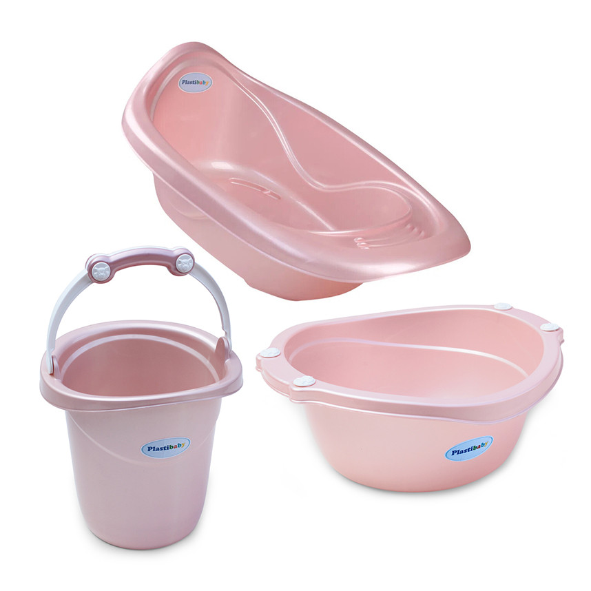 Kit Banho De Bebê Banheira Rosa Perolado 3 peças Plastibaby