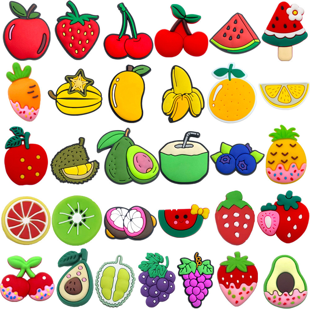 Simulação de modelagem de frutas, botões de decoração DIY, pingente de alfinetes de croc, acessórios de charme para sapa