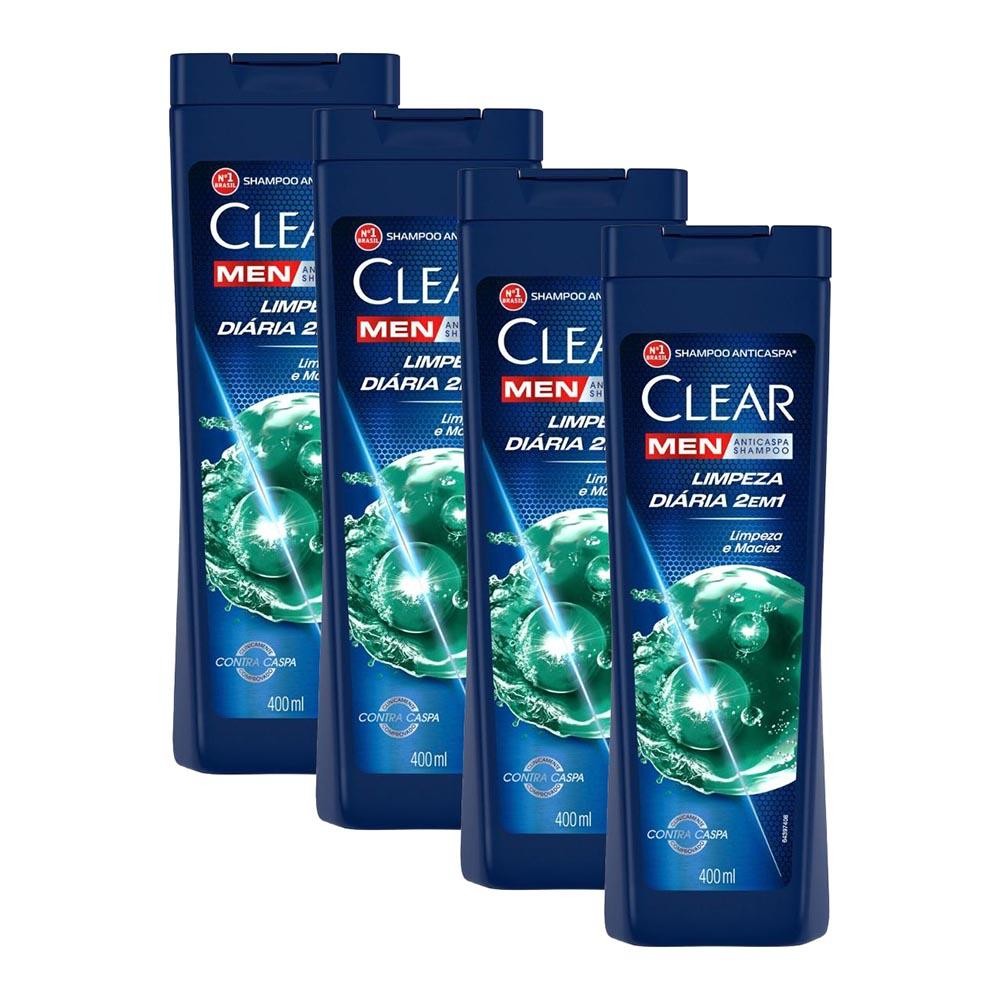 Kit 4 Shampoos Clear Men Anticaspa Limpeza Diária 2 Em 1 400ml - Beauty
