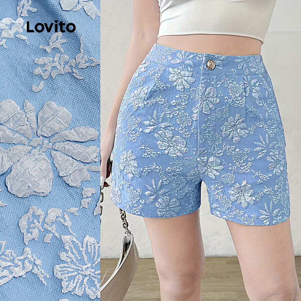 Lovito Shorts Casuais de Botão Jacquard Frescos e Confortáveis para Primavera/verão Shorts Azuis L139AD171 em Oferta na Shopee