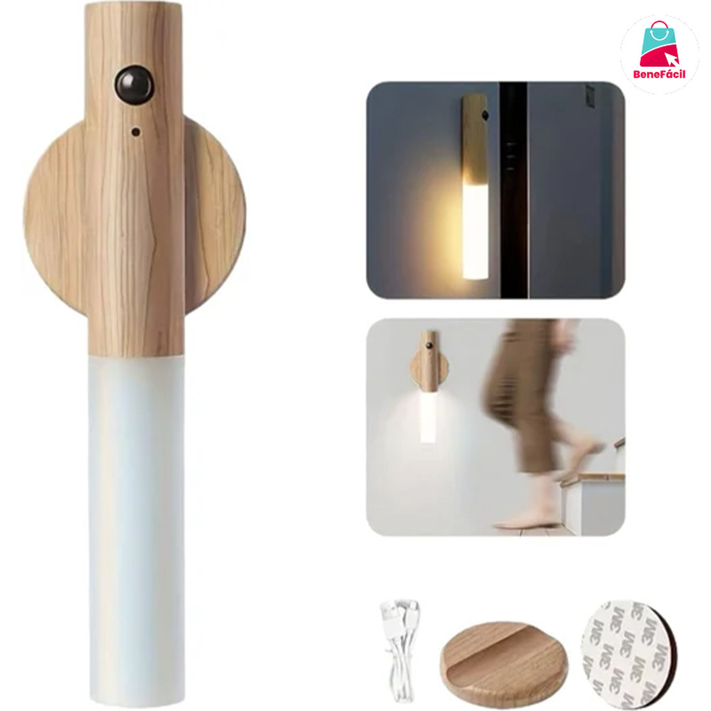 Luminaria Led Pratica Sensor Movimento Recarregavel Madeira Minimalista Magnetica Seguranca Iluminacao Noturna