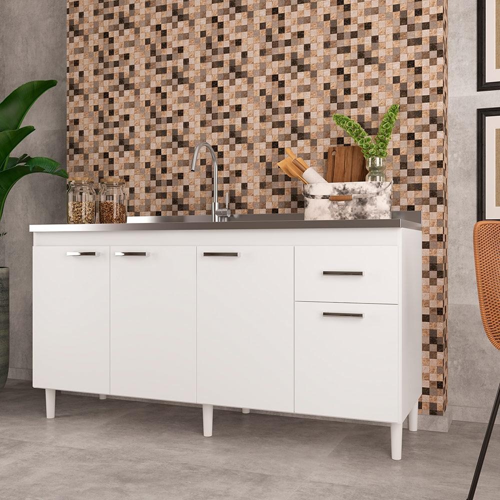 Balcão de Pia Pop Indekes Branco 160cm 4 Portas 1 Gaveta Moderno Organiza e Embeleza Sua Cozinha em Oferta na Shopee