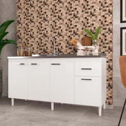 Balcão de Pia Pop Indekes Branco 160cm 4 Portas 1 Gaveta Moderno Organiza e Embeleza Sua Cozinha