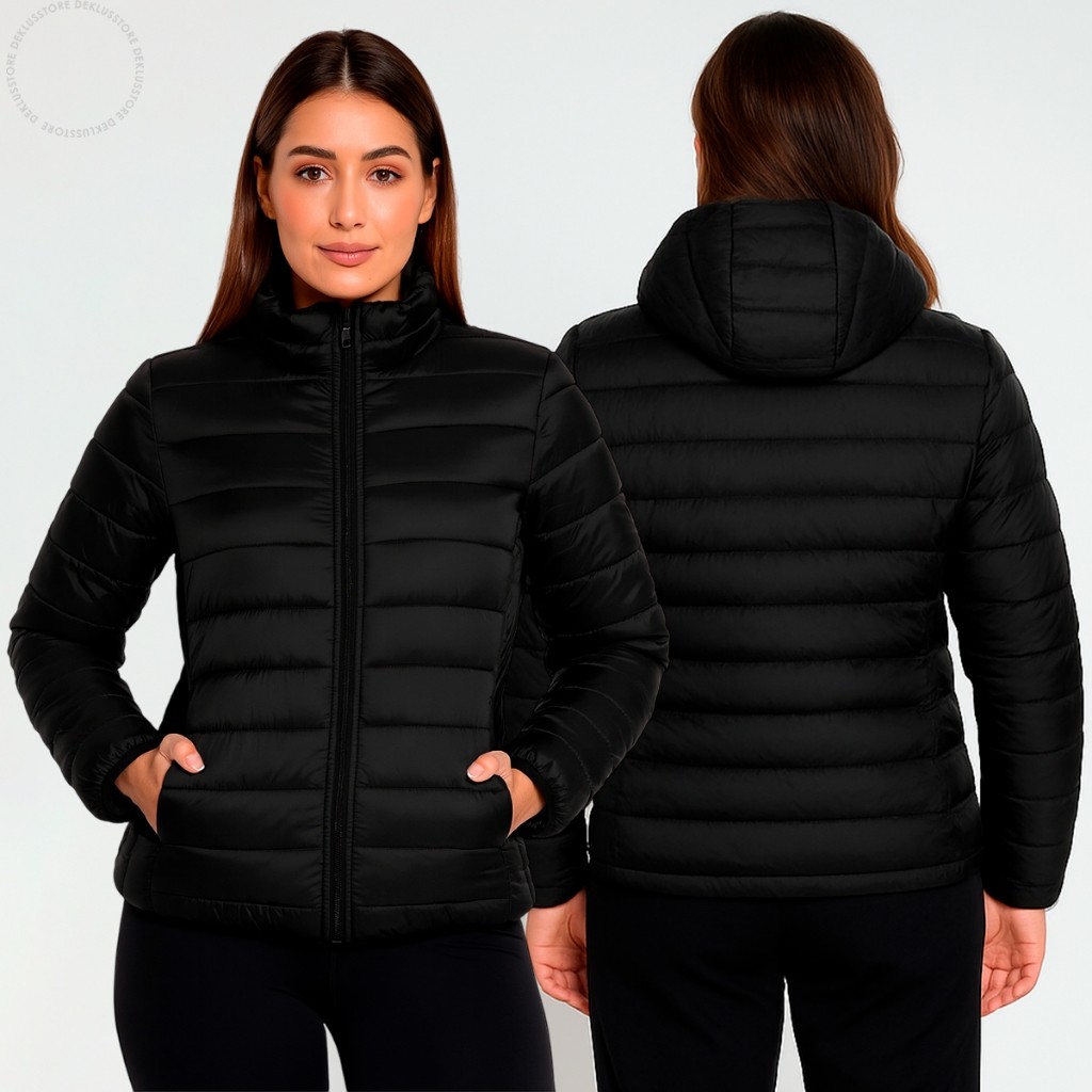 Jaqueta Feminina Puffer Bobojaco Frio Casaco Impermeável Nyon Preto Capuz Removível