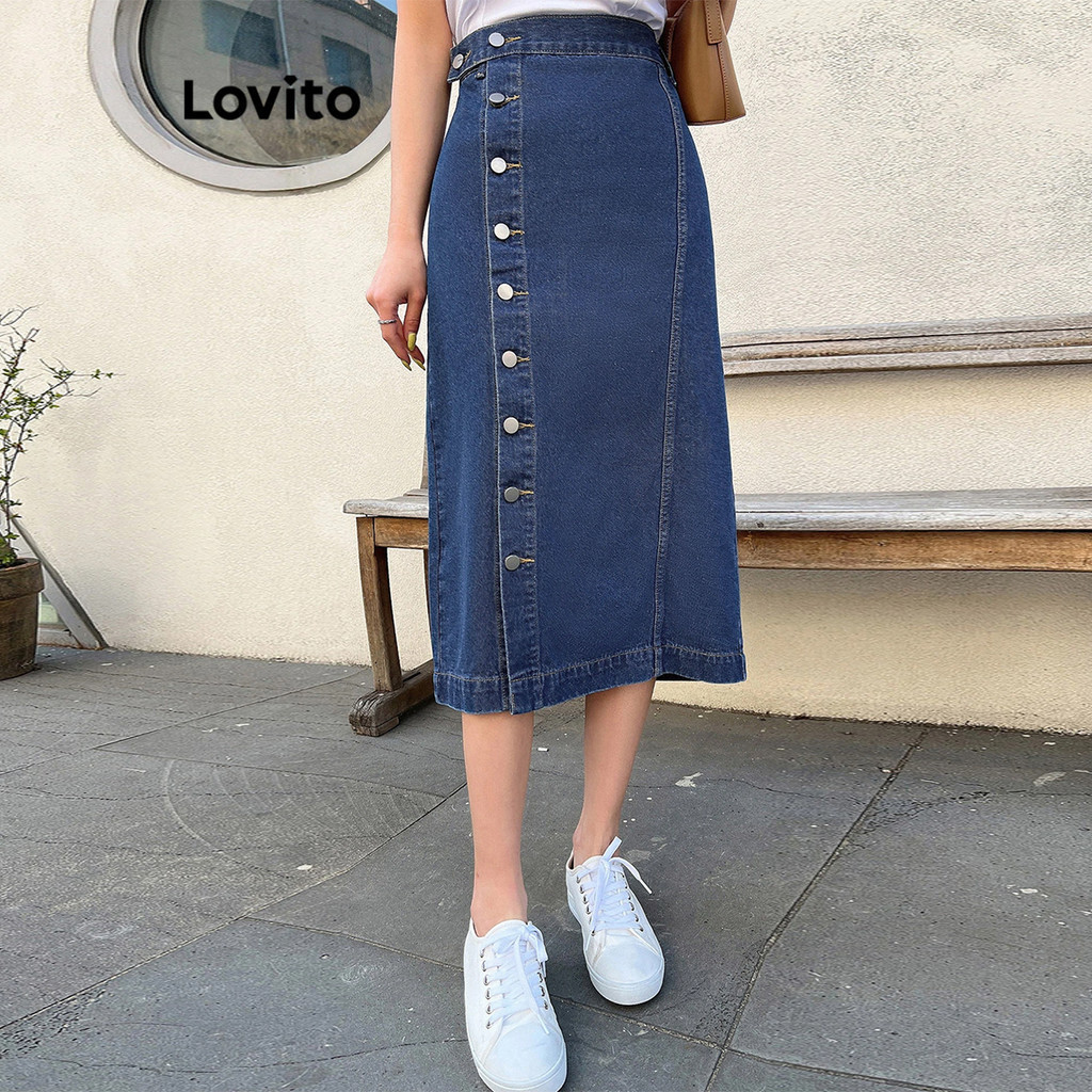 (Trendy) Lovito Saias jeans casuais com botões lisos e fenda frontal para mulheres L112ED244 - Women Clothes
