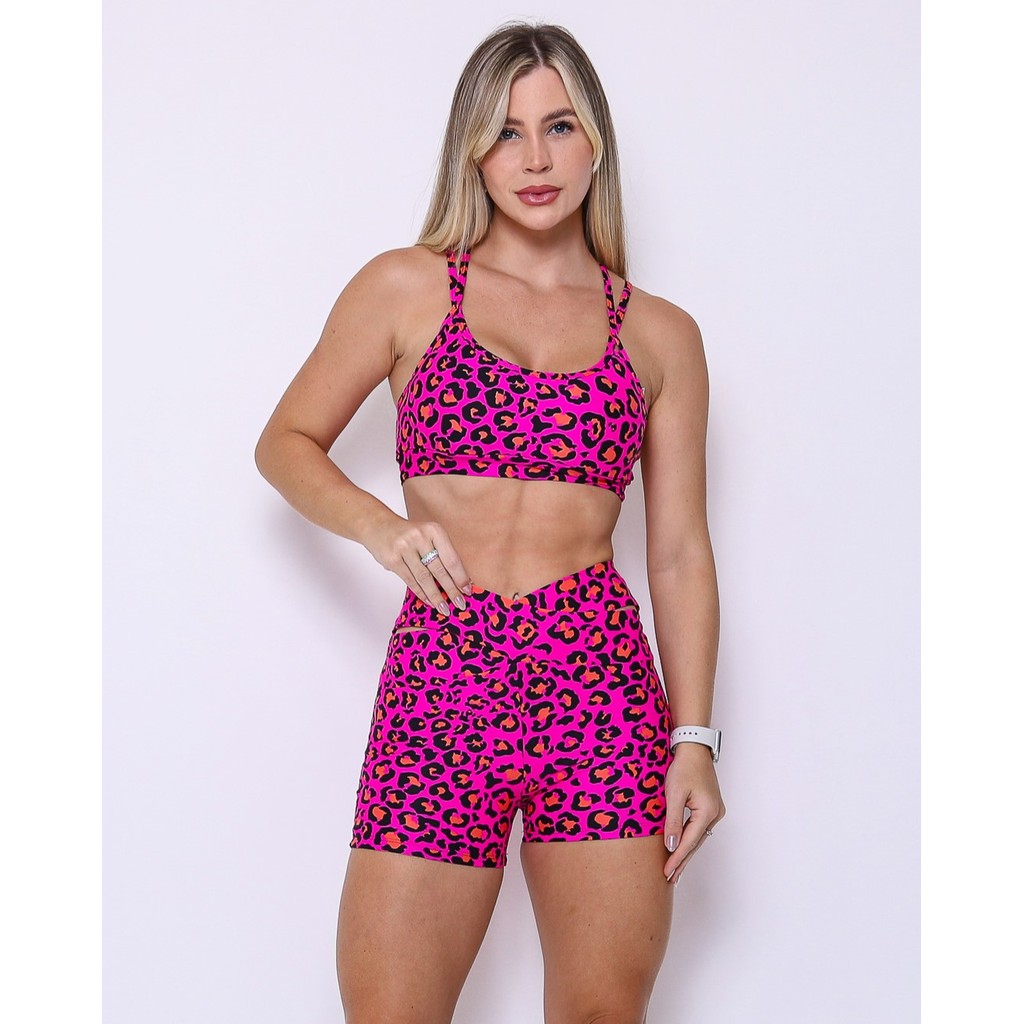 Conjunto Short Básico Cós Cruzado Light Onça Pantanal Rosa + Top Lu