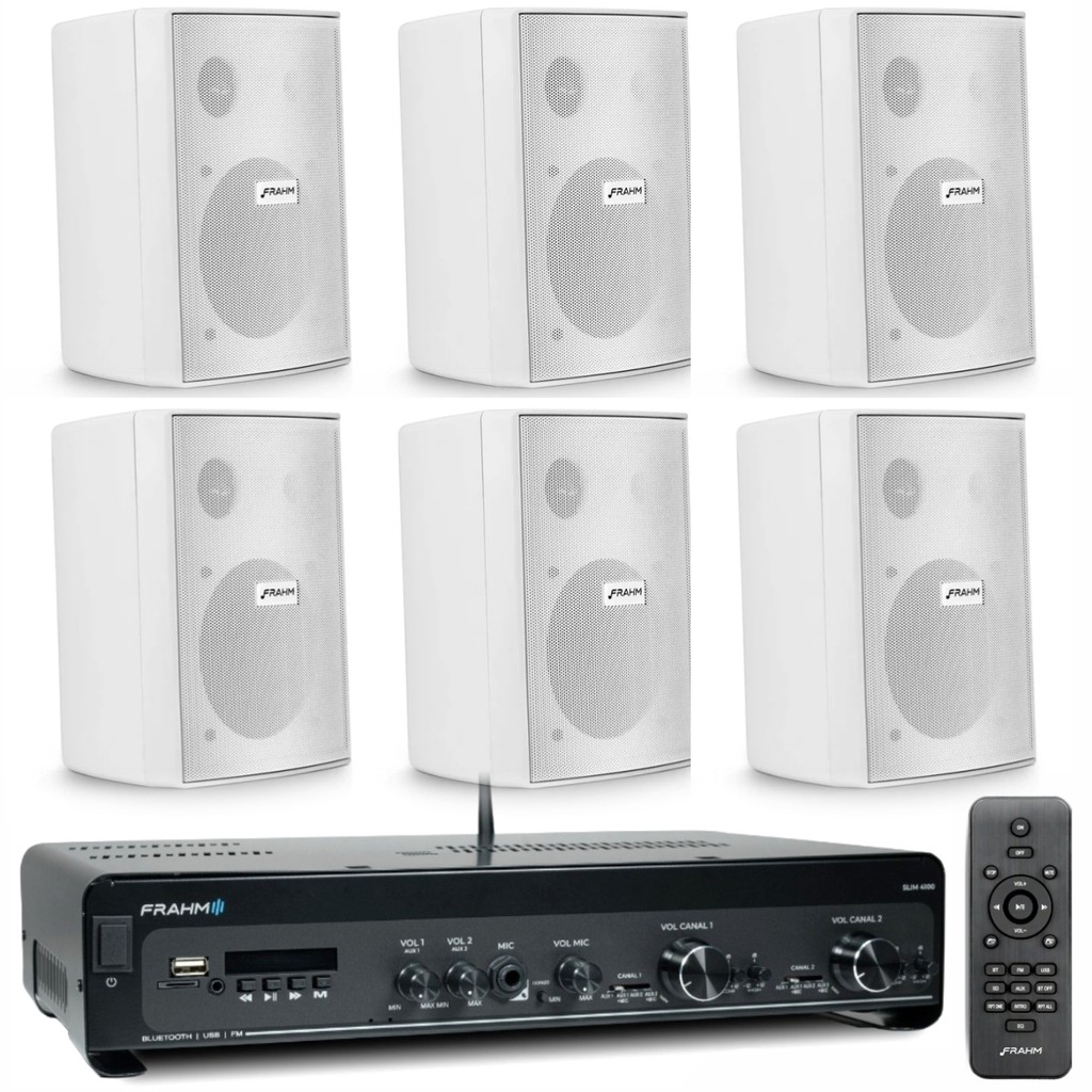Kit Amplificador Frahm Slim 4100 300W 2 Canais + 06 Caixas Acústicas New Passiva PS200 30W Branca