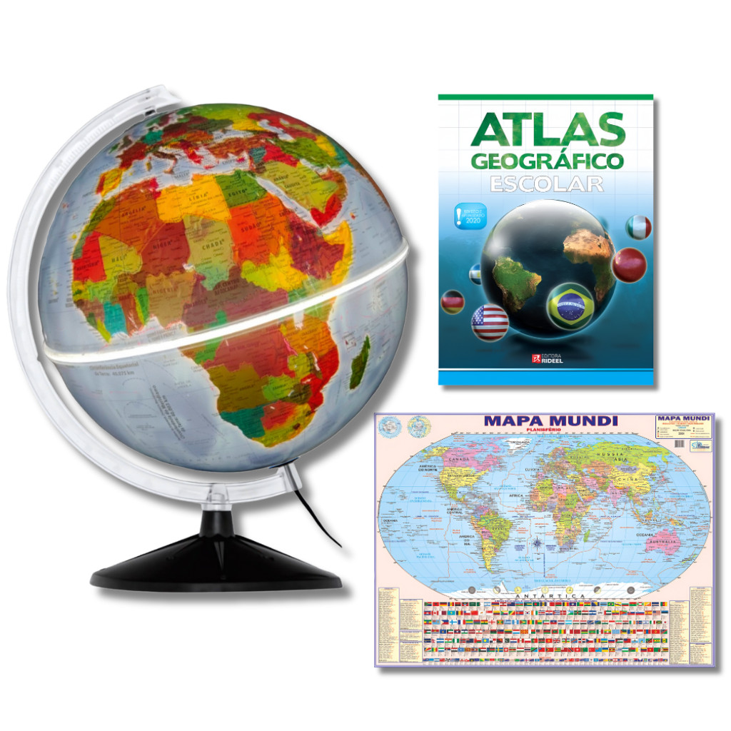 Globo Terrestre Físico Político Luminoso 30cm + Mapa Mundi + Atlas Geográfico