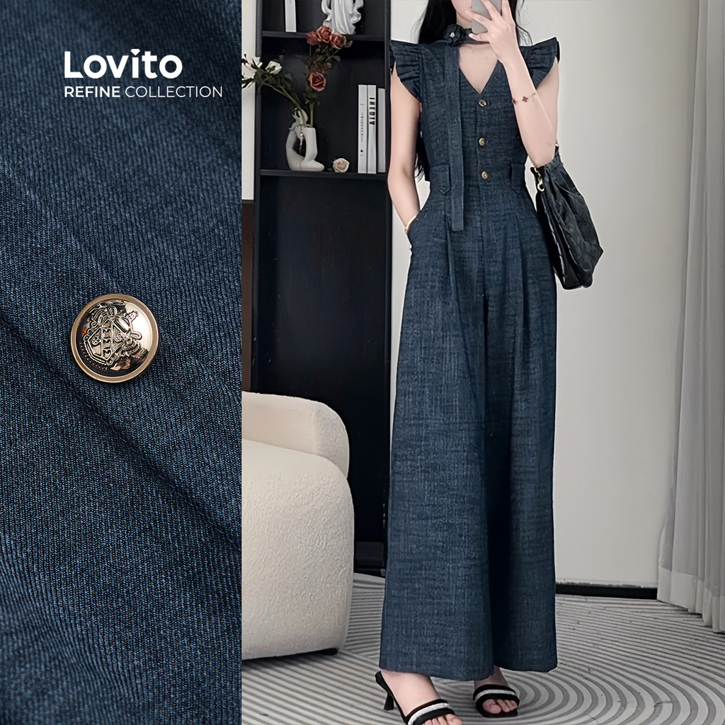 (Lovito Refine) Macacão Elegante com Botões  Cinto  para Todas As Estações  Azul marinho  para Mulheres LR13L066 - Women Clothes