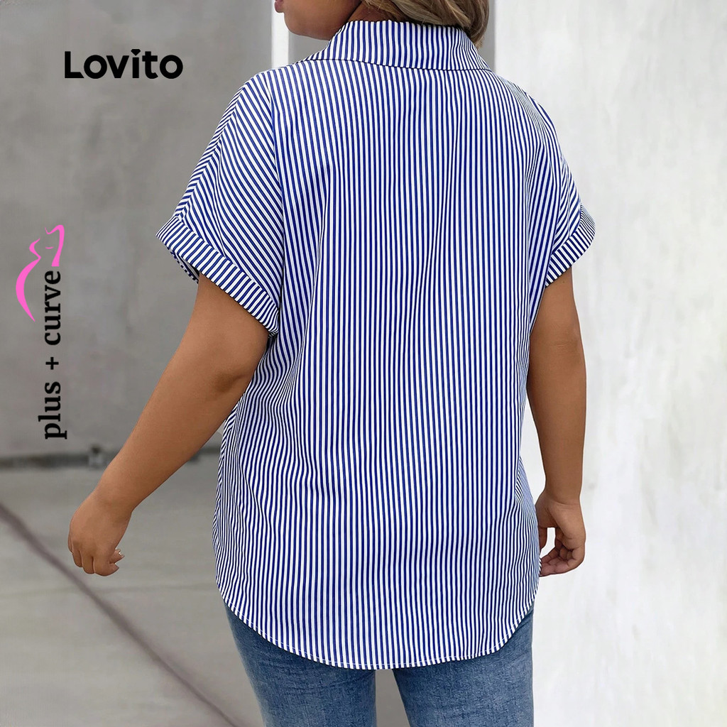 (Trendy) Lovito Blusa Básica Plus Size Curva Casual Listrada Com Botões Para Mulheres LBL24587 em Oferta na Shopee