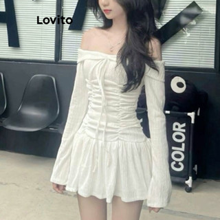 (Trendy) Lovito Vestido Casual De Ombro Frio Plissado Vestido De Verão/Primavera Para Mulheres L102AD329 em Oferta na Shopee