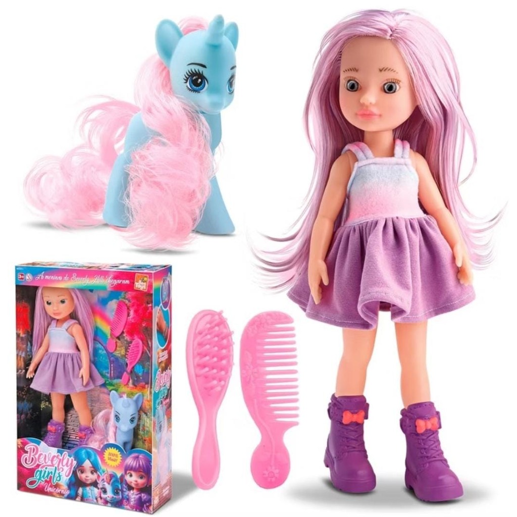 Boneca Beverly Girls Com Unicórnio E Acessórios - Bee Toys -