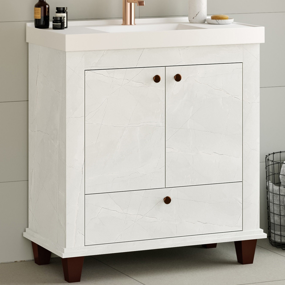 Balcão Gabinete Para Banheiro Com Pés e Lavatório 80cm Malezia B06 Cristal - Lyam Decor