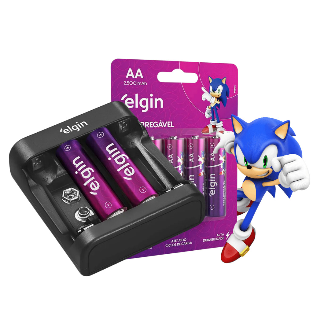 Kit Carregador de Pilhas Elgin com 6 Pilhas AA Recarregáveis Bivolt