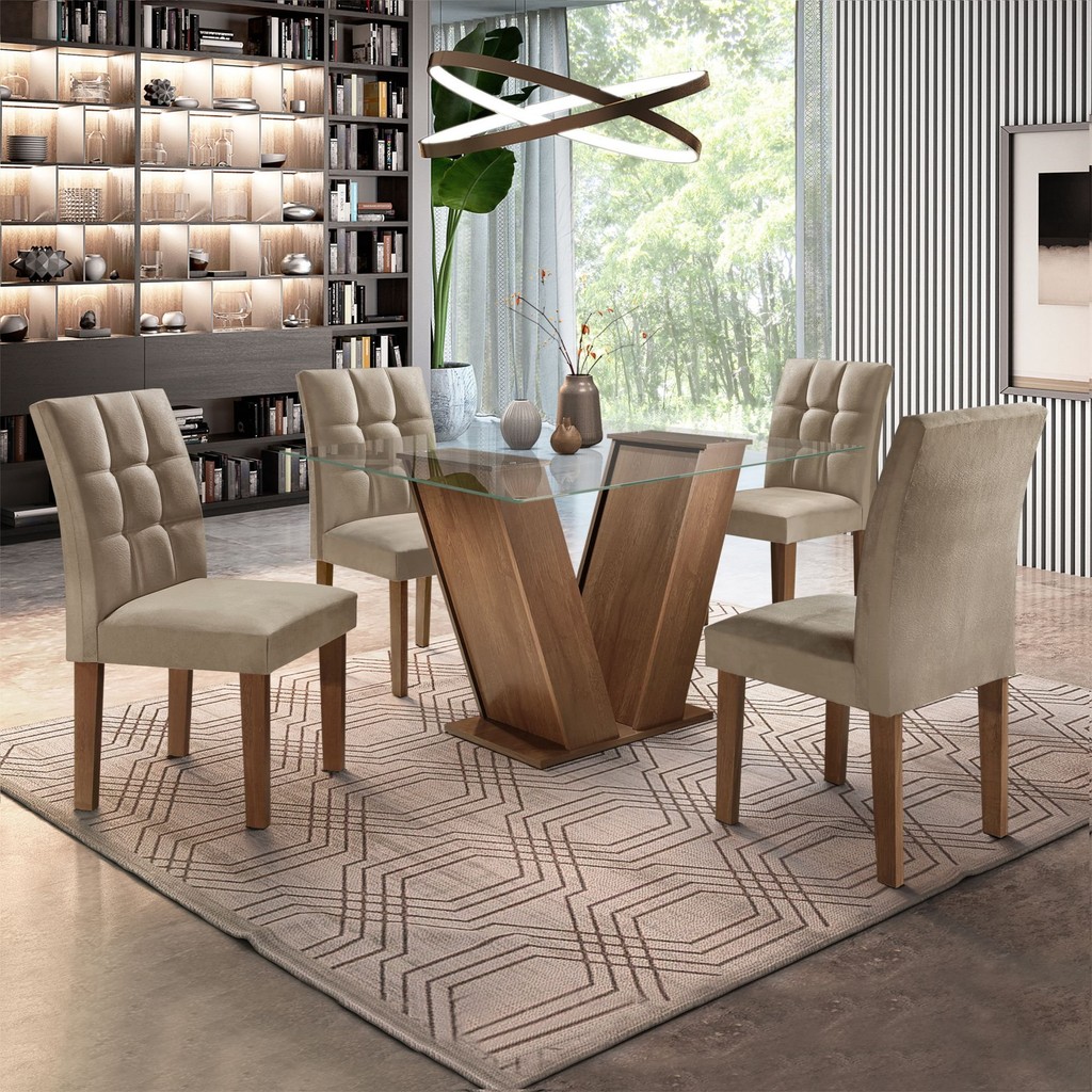 Conjunto Sala de Jantar Mesa Classic Tampo de Vidro 4 Cadeiras Vitória Chocolate/Pena
