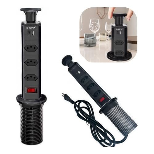 Torre de Tomadas Multiplug Preta de Embutir - 3 Tomadas AC + USB e USB-C | Mesa Bancada Escritório em Oferta na Shopee