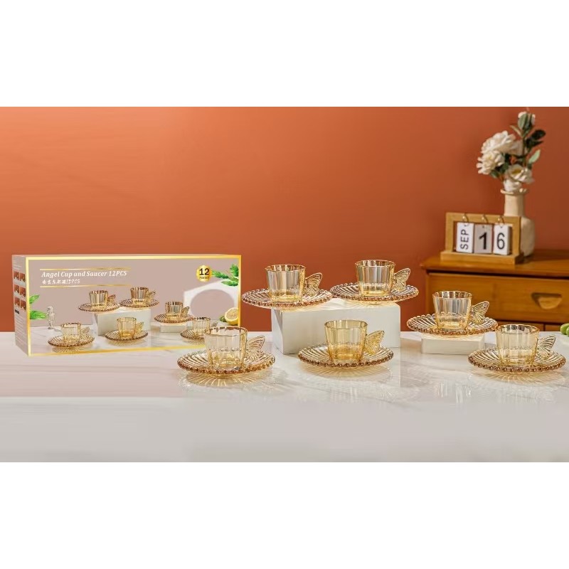 Kit 12 Peças Conjunto de 6 Xícaras Delicadas com Pegador de Borboleta e Pires Grande