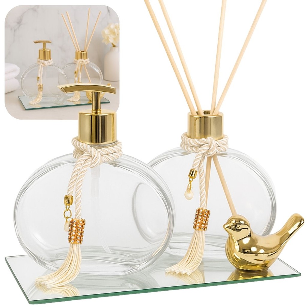 Kit Lavabo Vidro Jolie 300ml Luxo C/ Bandeja Porta Sabonete Difusor e Enfeite Decoração em Oferta na Shopee